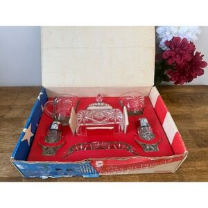 Vintage Anchor Hocking Prescut Glass Table Set Creamer Sugar Butter Dish Box Set